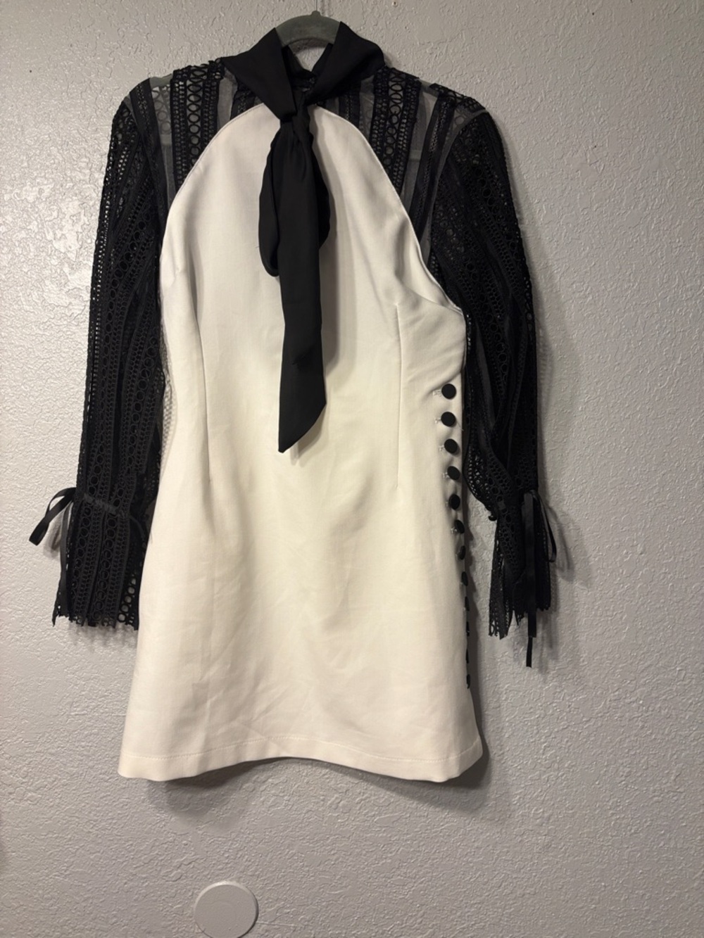 Self-Portrait Black & White Lace Tie-Neck Mini Dress